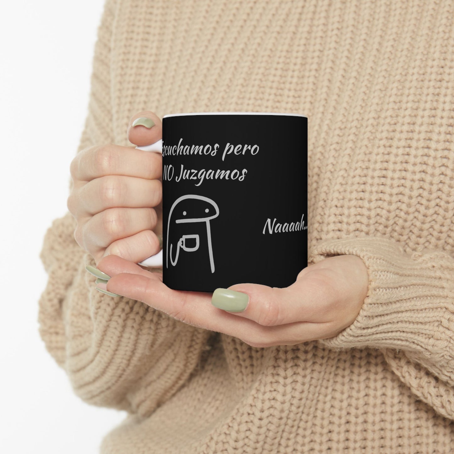 Black Ceramic Coffee Mug, (11oz, 15oz) "Escuchamos pero NO Juzgamos" Flork