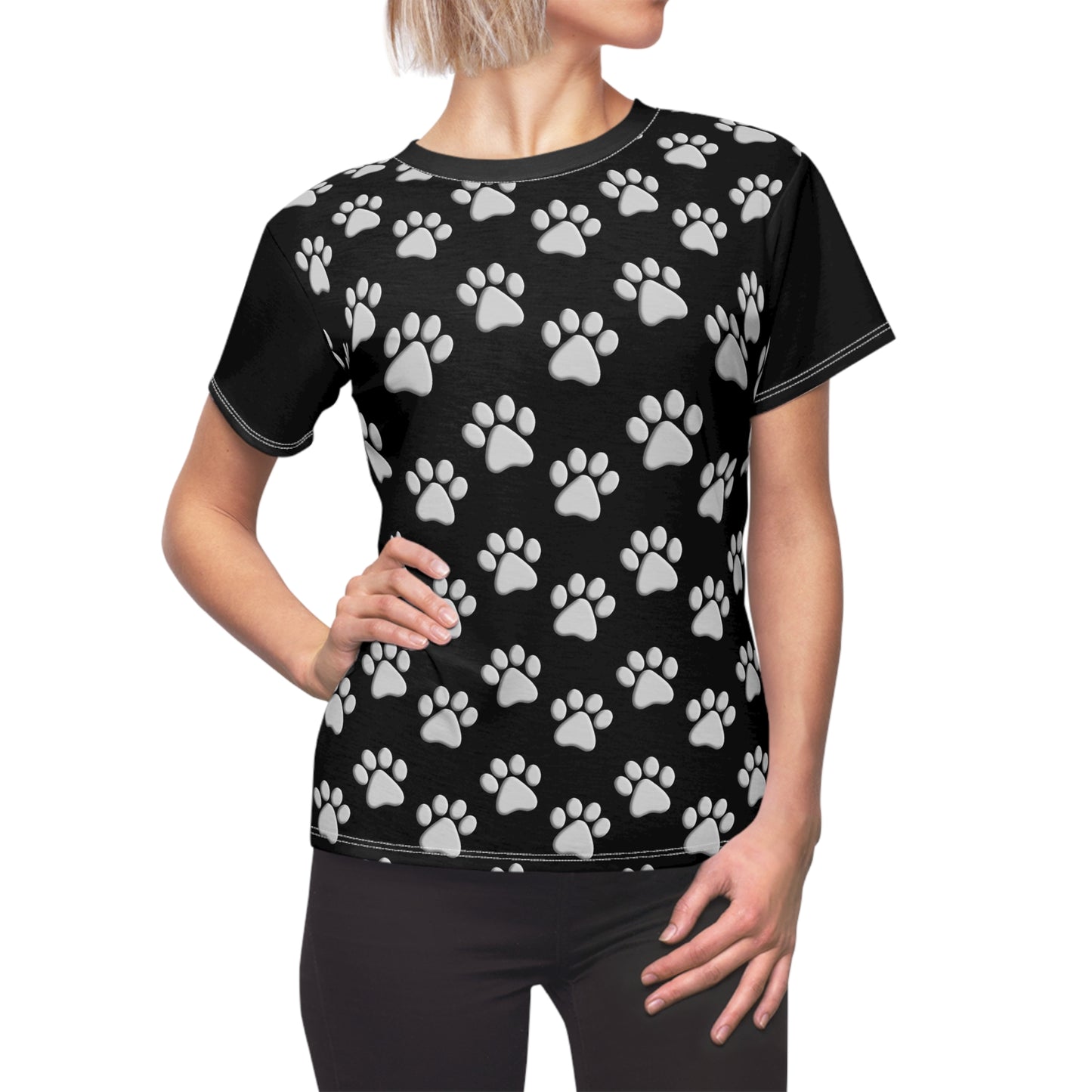 Silver Dog Paw Black Women's Cut & Sew Tee (AOP)