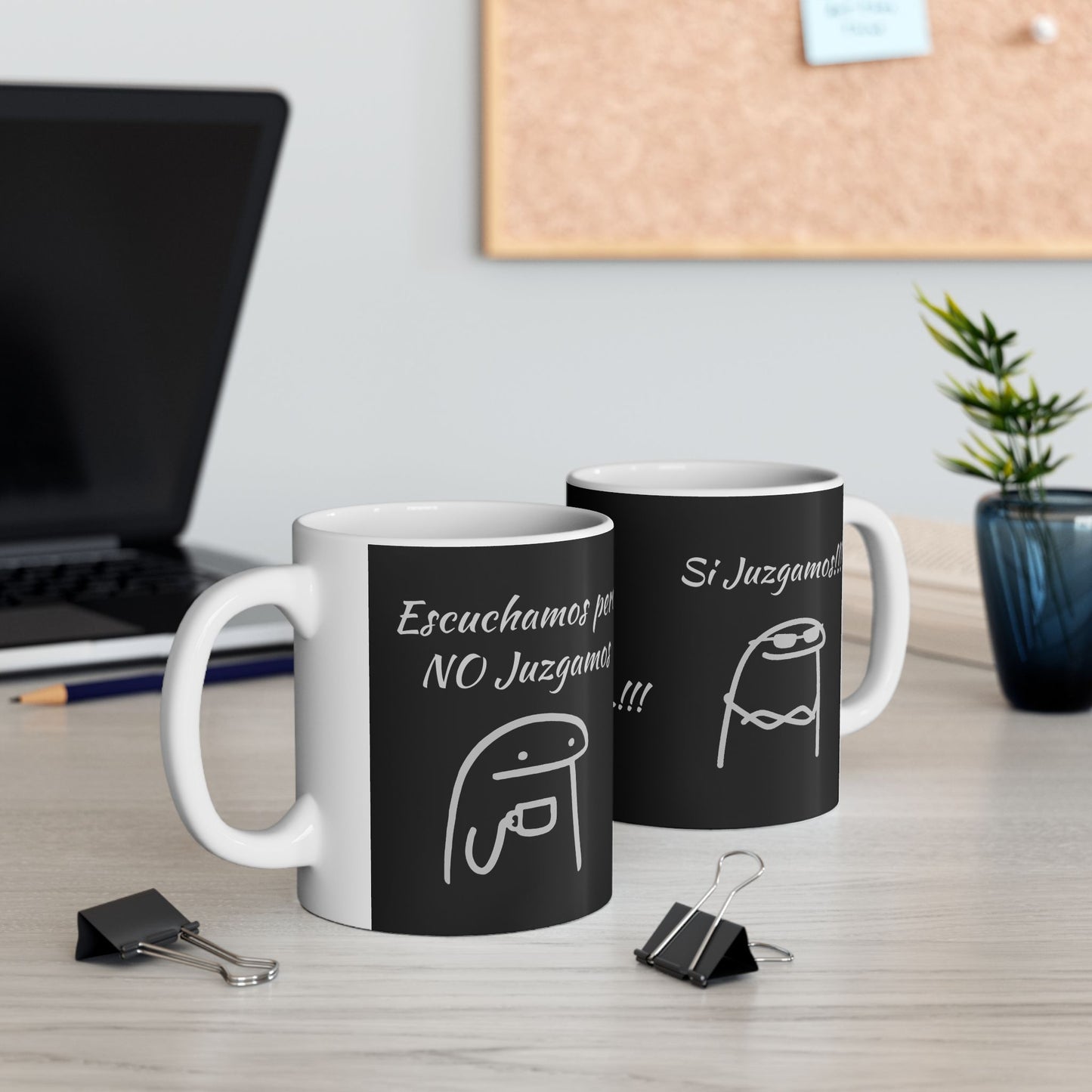 Black Ceramic Coffee Mug, (11oz, 15oz) "Escuchamos pero NO Juzgamos" Flork
