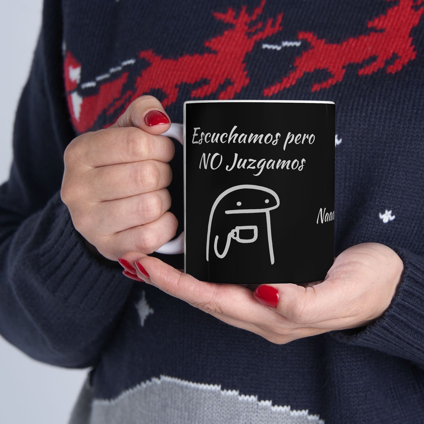 Black Ceramic Coffee Mug, (11oz, 15oz) "Escuchamos pero NO Juzgamos" Flork