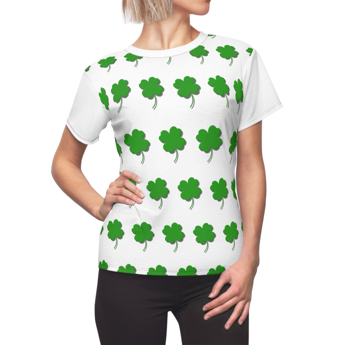Green Clover White Women's Cut & Sew Tee (AOP)