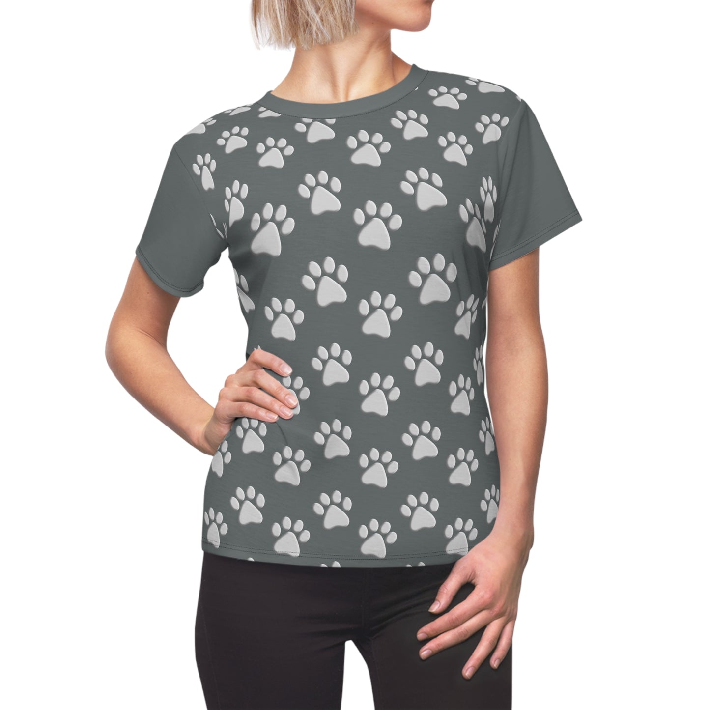 Silver Dog Paw Dark Grey Women's Cut & Sew Tee (AOP)